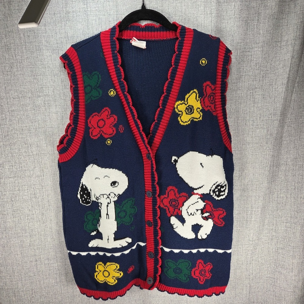 VTG‎ Peanuts & Friends Snoopy Blue Sweater Button Up Vest Medium Flowers